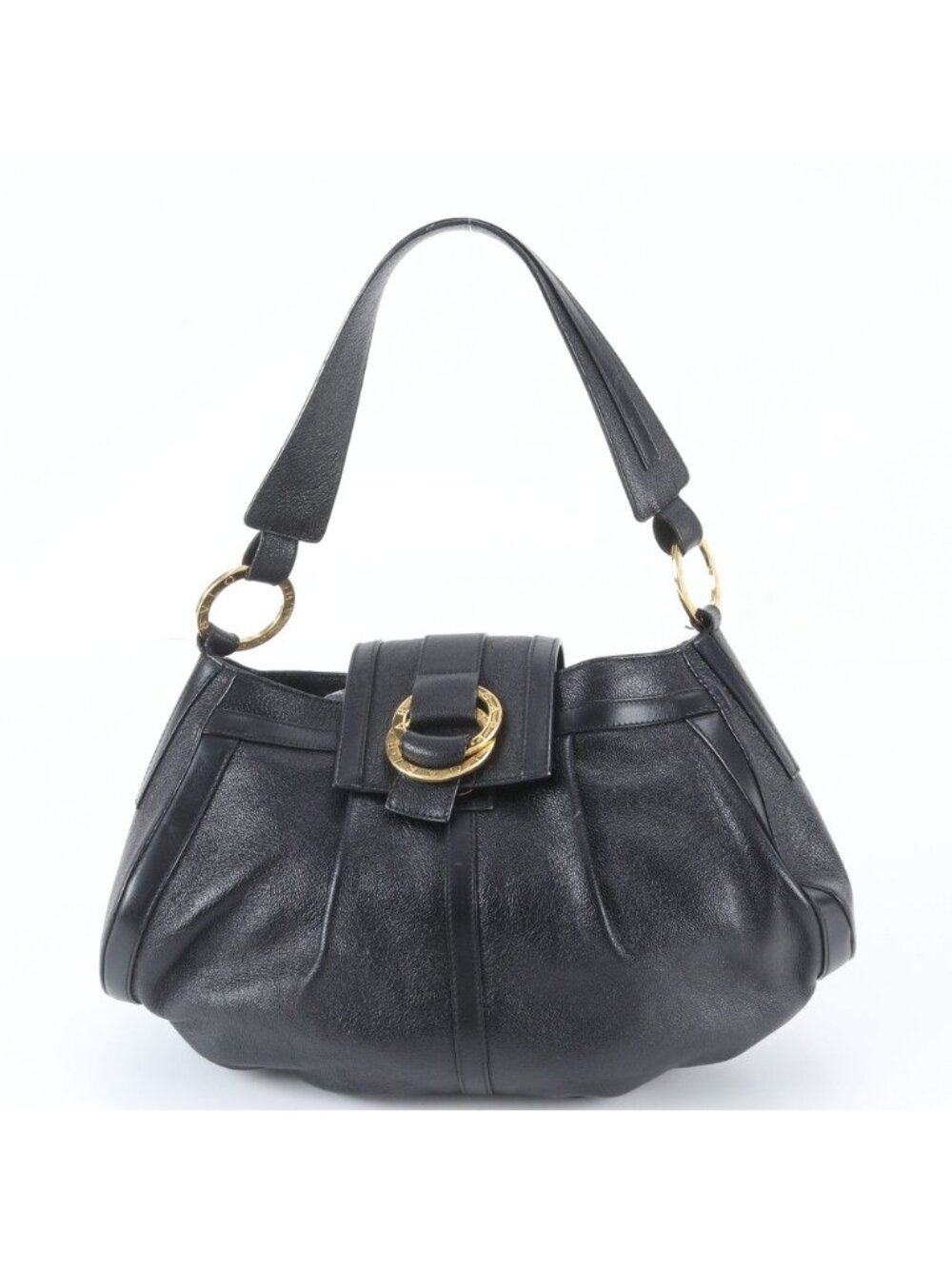 Bvlgari Chandra Leather Circle Logo Shoulder Bag Tote Hand Black